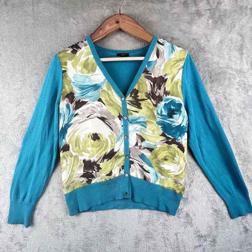 Talbots Cardigan Women L Blue L/S Floral Print V-Neck Button Front Lightweight